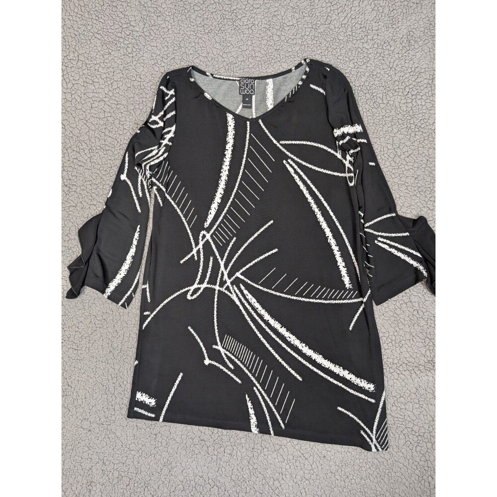 Clara Sun Woo Top Asymmetrical Hem Black White Ruffle Sleeve Side Slit Size XS